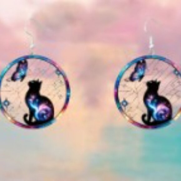 Cat And a Butterfly Acrylic Earrings Stainless Steel Ear Needle 1.18 inch round - Picture 4 of 10